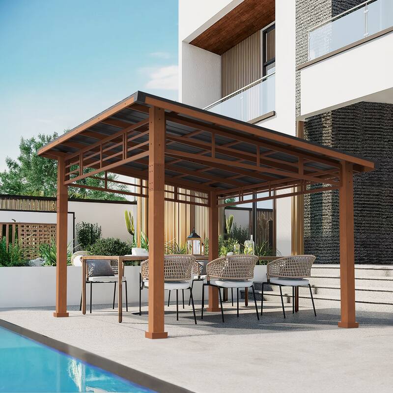 12x14 ft Outdoor Pavilion Wooden Gazebo with Hardtop Metal Roof Shelter for Patio, Backyard, Garden - Light Brown