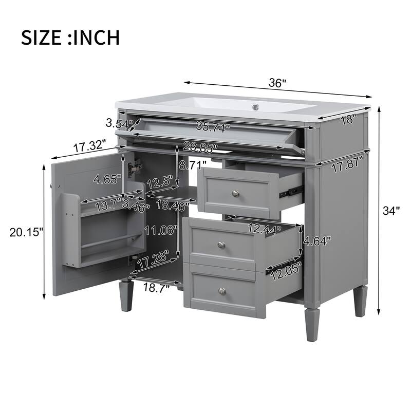 GDFStudio - Riviera Modern Bathroom Vanity with Resin Sink, Tip-Out Drawer and Adjustable Storage - 36'W