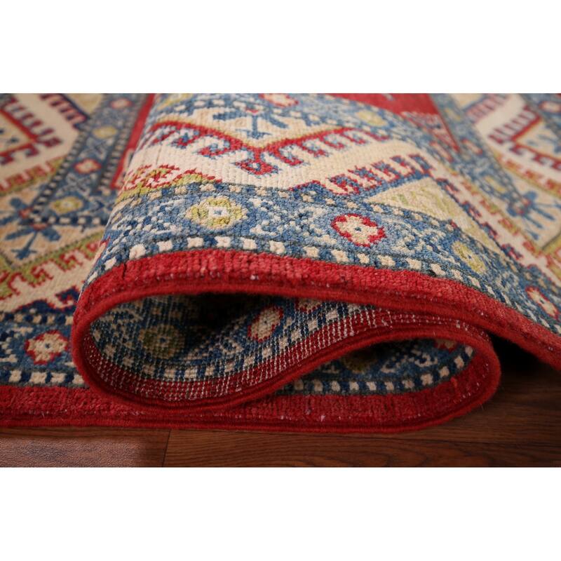 Geometric Kazak Accent Rug Hand-Knotted Red Wool Carpet - 3'3" x 4'9"