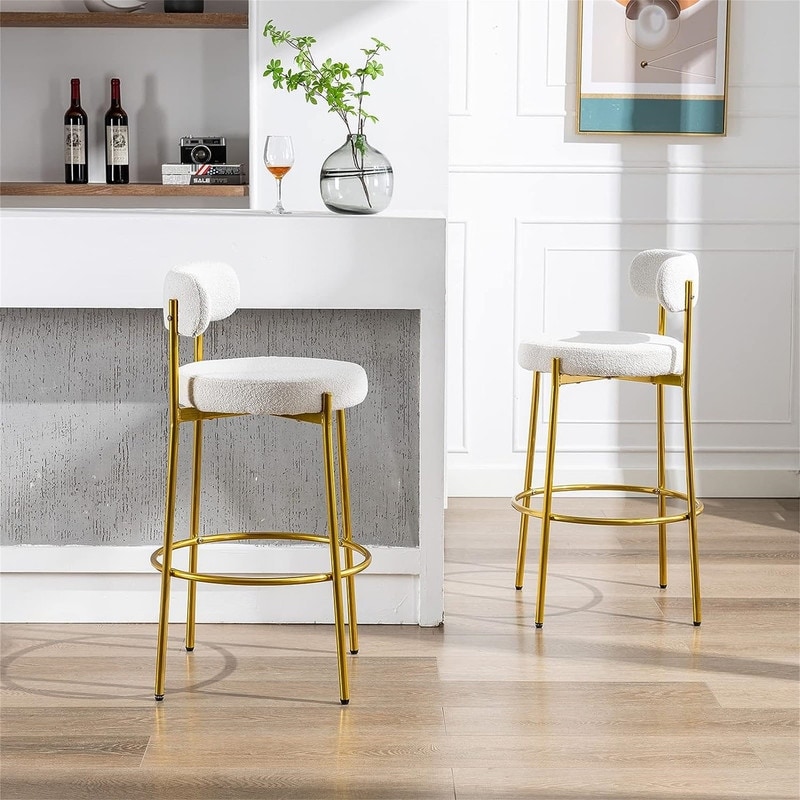 Set of 2 Pub Stools Polyester Fabric Bar Stools Kitchen Island Counter Heigh Dining Chairs with Metal Legs Footrest
