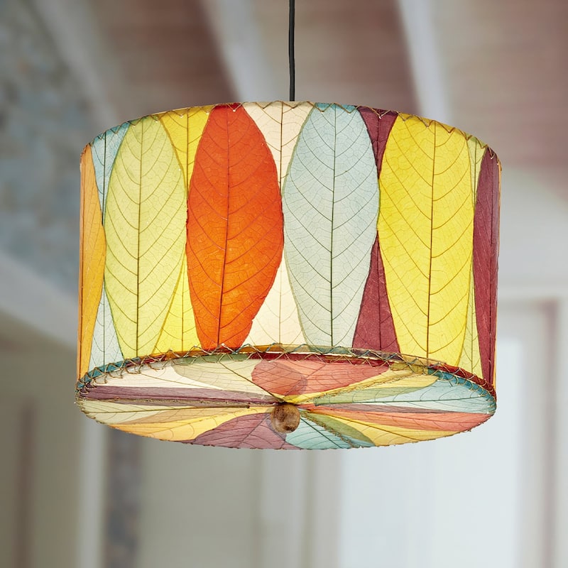 Eangee Handmade Drum Pendant 18 Inch, Cocoa Leaves Shade, 18 x 18 x 10 in. - 18 x 18 x 10 - multi