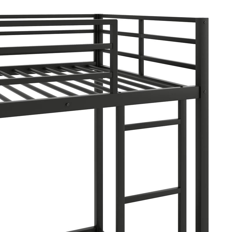 Twin/Full Size Metal Low Bunk Bed, Heavy Duty Steel Bunk Bed Frame with Built In Ladder and Guardrail