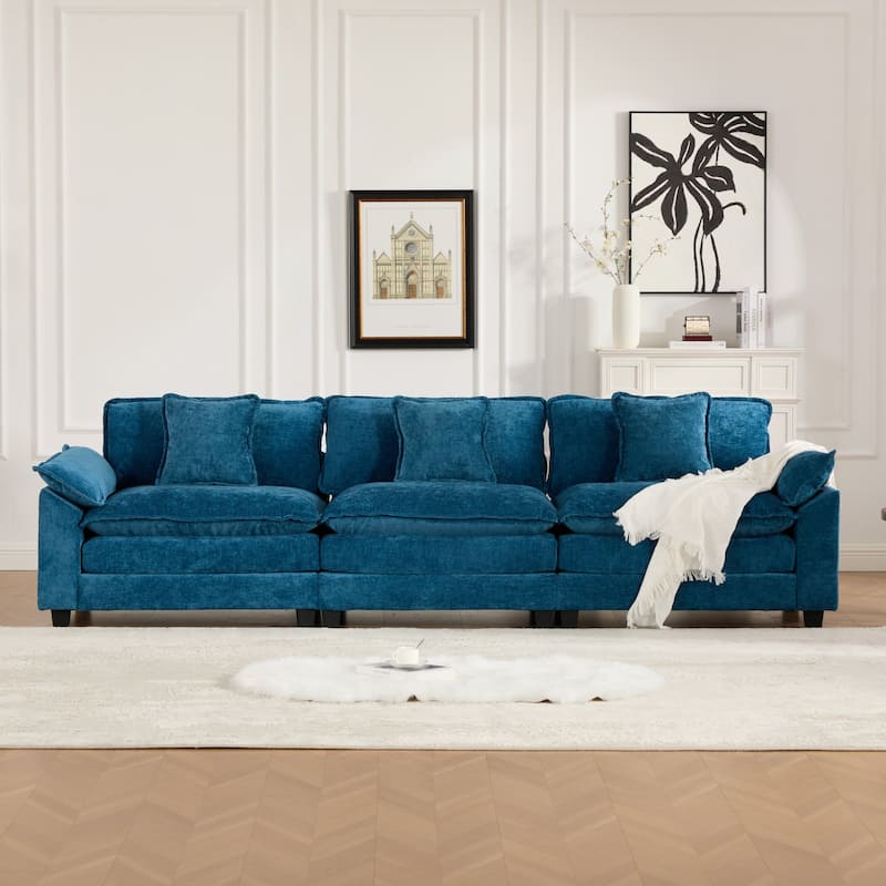 Modular Deep Seat Sectional Sofa 3 Seater Chenille Upholstered Couch - Blue