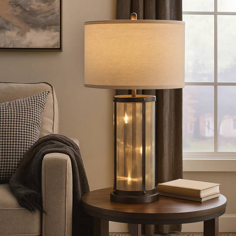 31 Inch Table Lamp, Classic Drum Fabric Shade, Modern Metal Base, Bronze
