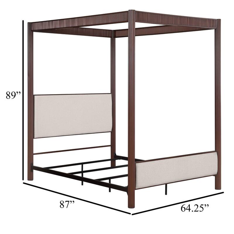 Zemy Queen Canopy Bed with 4 Posts, Beige Upholstery, Brown Metal