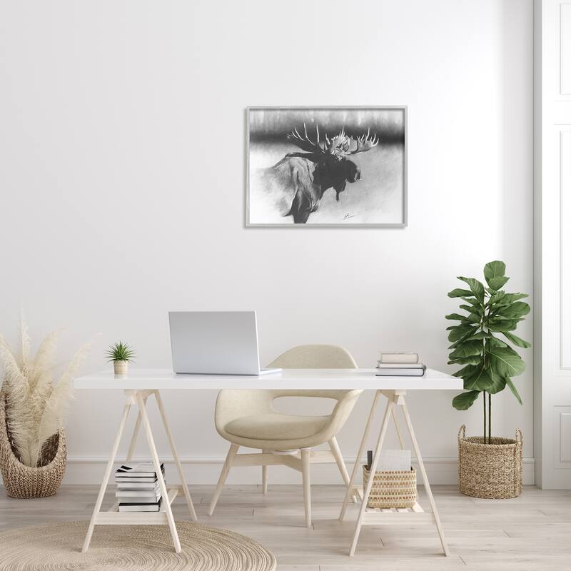 Stupell Moose in Rustic Forest Realistic Pencil Drawing Framed Wall Art - Grey