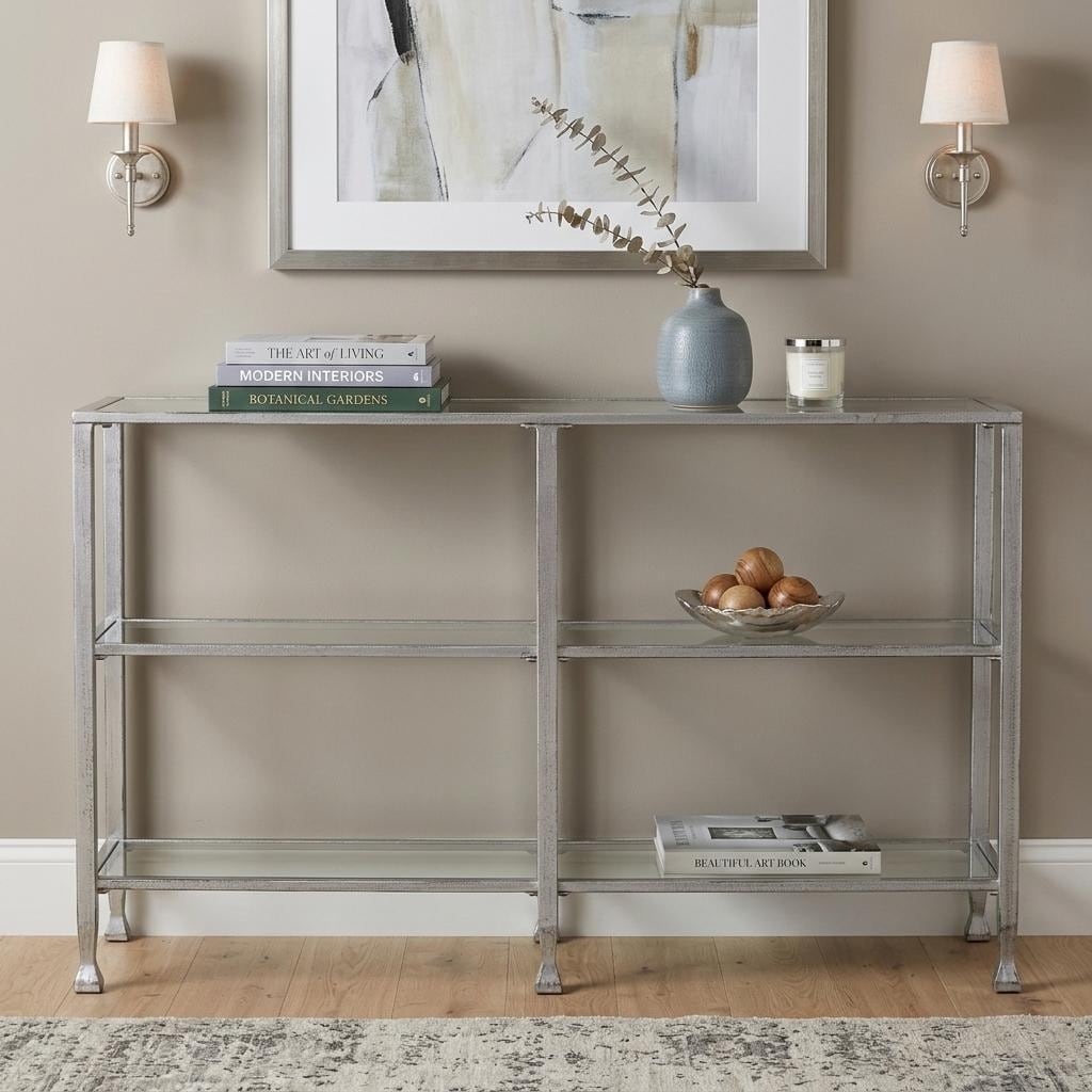HomeRoots 49" Clear and Silver Glass Distressed Frame Console Table With Shelves - 48.50 in. x 29.25 in. x 12.75 in.