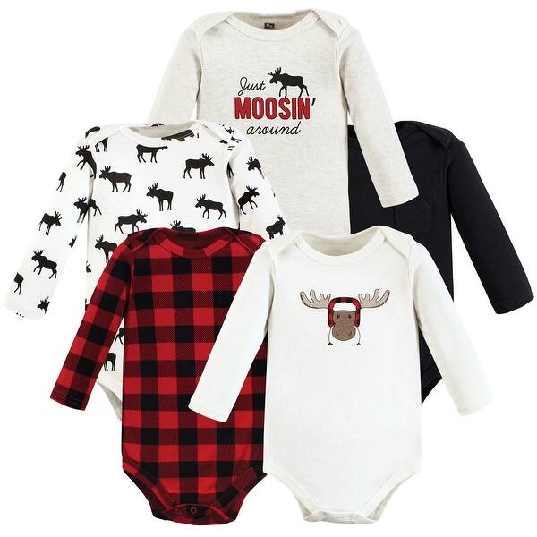 slide 1 of 1, Hudson Baby Infant Boy Cotton Long-Sleeve Bodysuits, Winter Moose 5-Pack 0-3 Months - Winter Moose 5-Pack