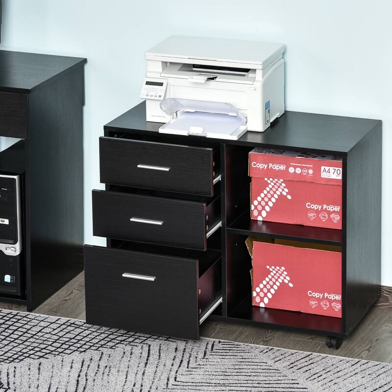 HOMCOM Indoor Office Storage Cabinet with 3 Storage Drawers, Open Shelving, & Wheels
