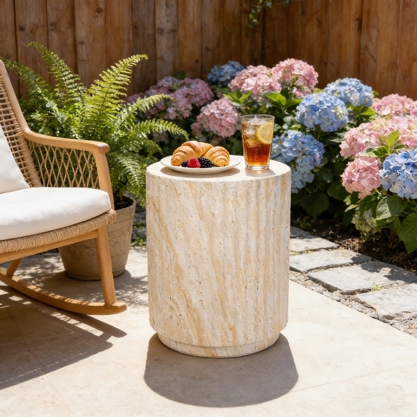 Outdoor Side Table, Cylinder Shaped MgO Patio End Table