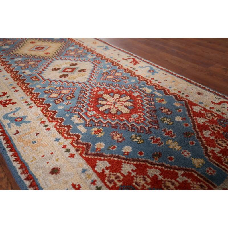 Blue Geometric Kazak Indian Foyer Rug Handmade Wool Carpet - 2'6"x 6'0"