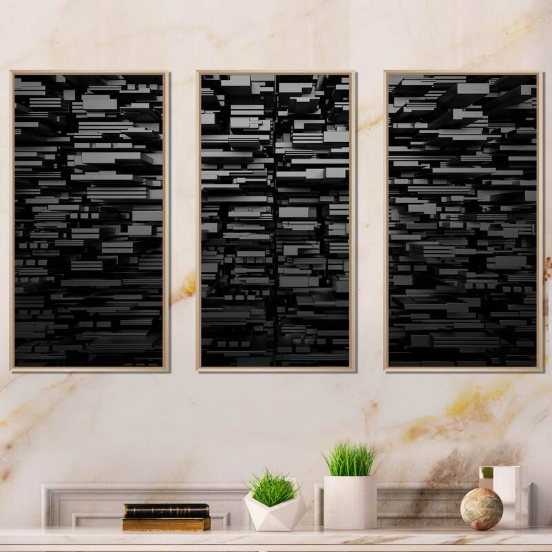 Designart "Black 3D Geometric Background" Abstract Framed Artwork Set of 3 - 4 Colors of Frames