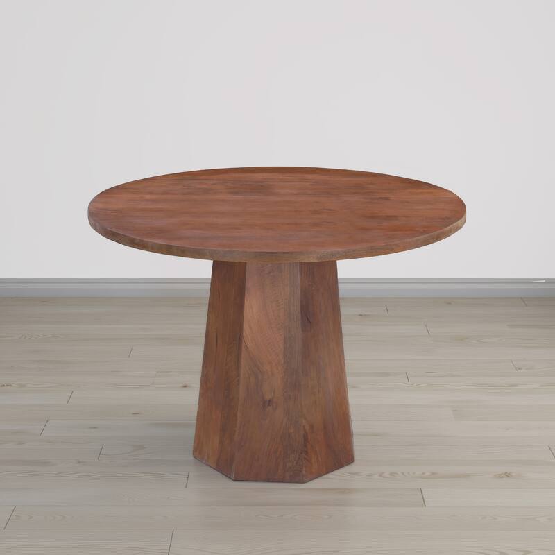 Koi Dining Table 42" Round Top Handmade Ambre Brown Mango Wood Octagonal Pedestal Base