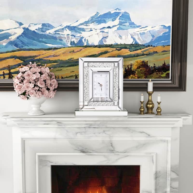 Silver Table Clock Mirrored Desk Clock with Bling Crush Diamond Glass Edge Frame Free Standing Art Decor