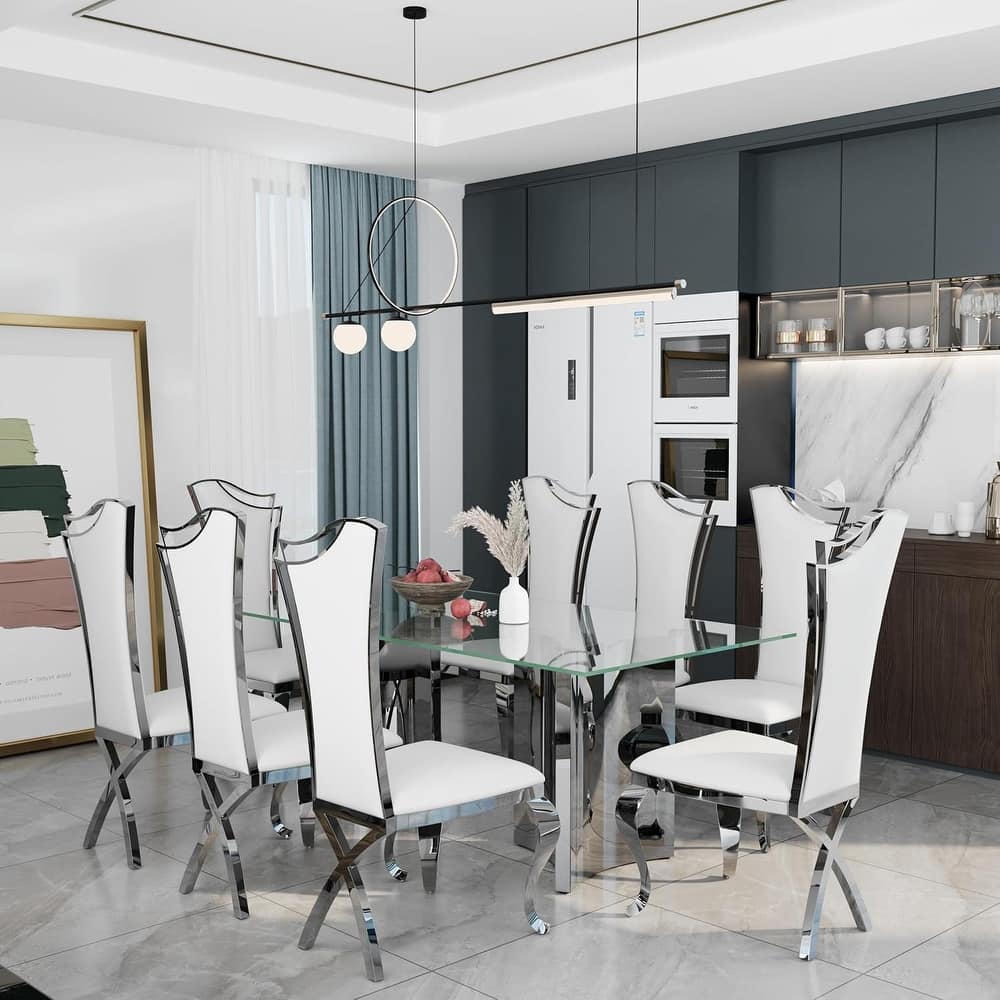 Luxurious Clear Tempered Glass Dining Table Set with Heavy Duty Dining Chairs