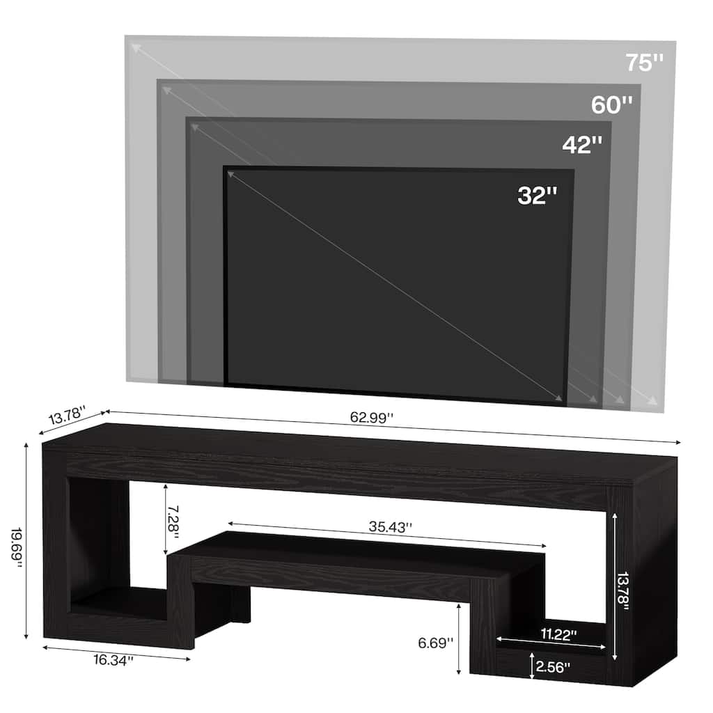 63-Inch TV Stand for 55/60/65-Inch TVs, Farmhouse Entertainment Center with Open Storage Shelves - 62 inches