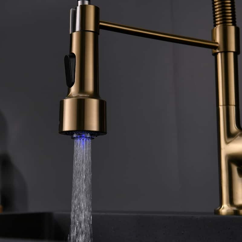 Single Handle Commercial LED Kitchen Sink Faucet With Pull Down Sprayer Brushed Gold Modern Spring Single Hole Basin Taps