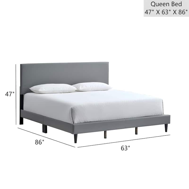 Queen Bed with Adjustable Headboard, Light Grey Faux Leather, No Mattress Included