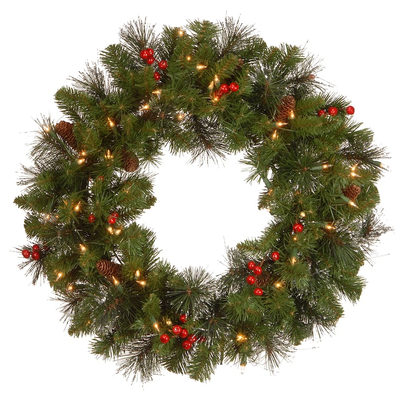 National Tree Company 24 in. Crestwood Spruce Wreath with Silver Bristle, Cones, Red Berries and Glitter with 50 Clear Lights
