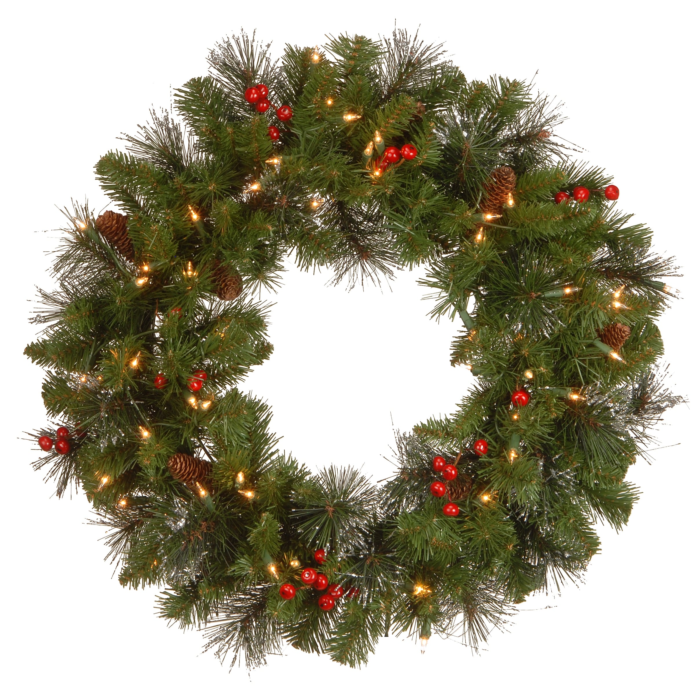 National Tree Company 24 in. Crestwood Spruce Wreath with Silver Bristle, Cones, Red Berries and Glitter with 50 Clear Lights