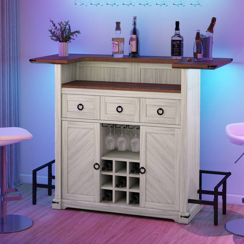 Moasis Farmhouse LED Bar Cabinet w/ Footrest, Home Bar Unit with Glasses Holder and Wine Storage