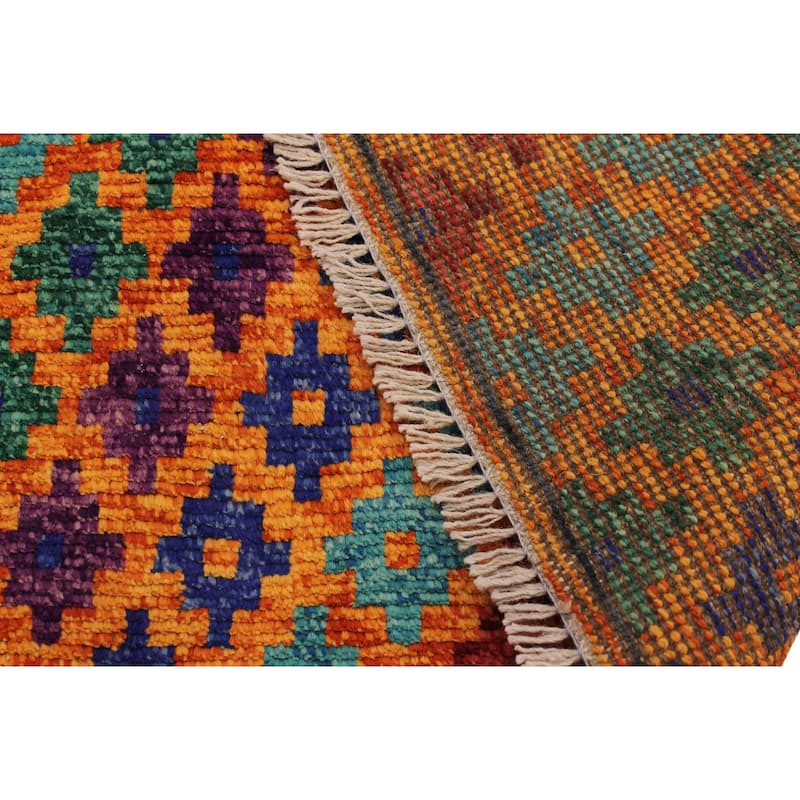 Modern Balochi Fry Orange/Blue Hand Knotted Wool Rug - 3'4'' x 4'10''