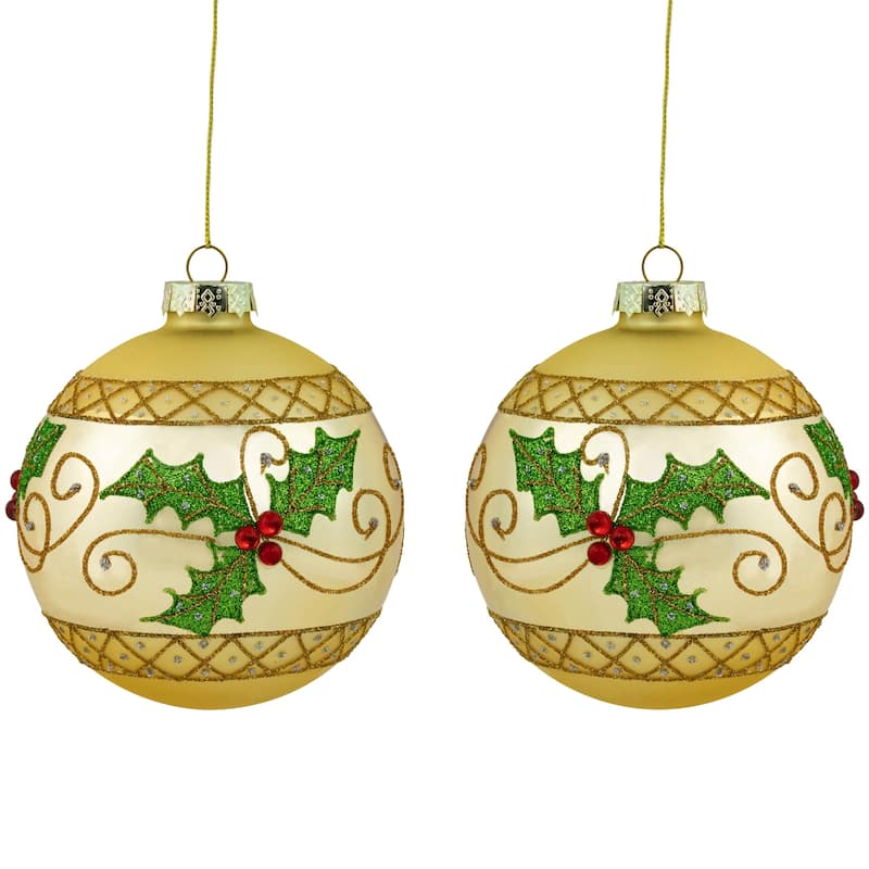Set of 2 Golden Glittered Holly and Berries Christmas Glass Ball Ornaments 4"