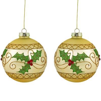 2 Golden Glittered Holly Berries Christmas Glass Ball Ornaments 4"