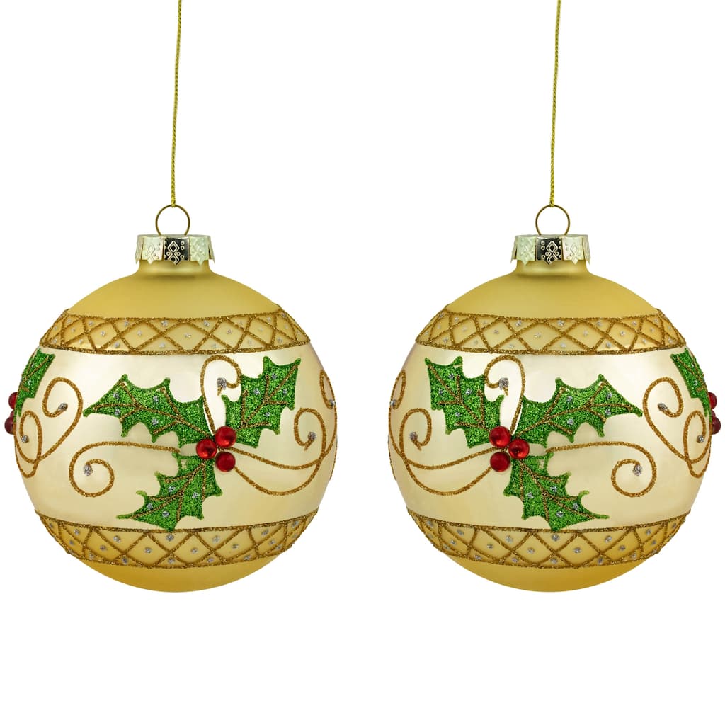 Set of 2 Golden Glittered Holly and Berries Christmas Glass Ball Ornaments 4"