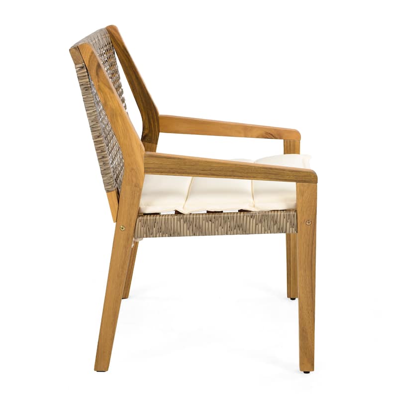 OUTDOOR DINING CHAIR SET-Acacia Wood and Wicker with Cream Cushion Patio Furniture-Teak finish & wicke Brown ,set of 4