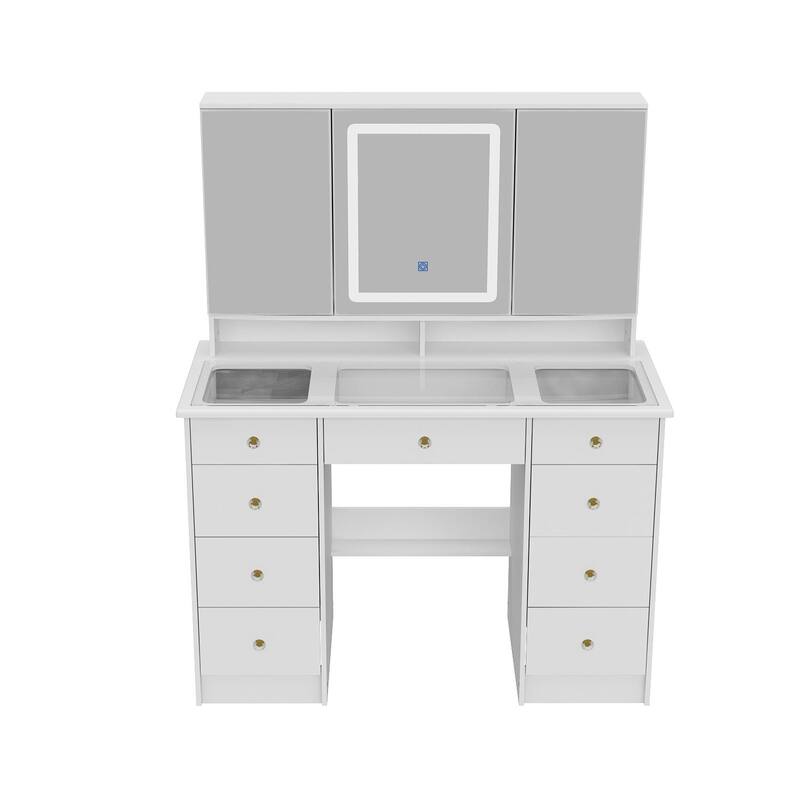 43" White Makeup Vanity Desk with LED Lighted Mirror, Tempered Glass Top, 9 Drawers Storage Dressing Table