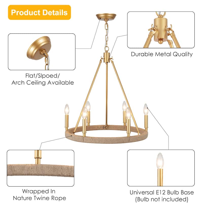 6-Light Rustic Hemp Rope Wagon Wheel Chandelier for Bedroom Foyer Entryway