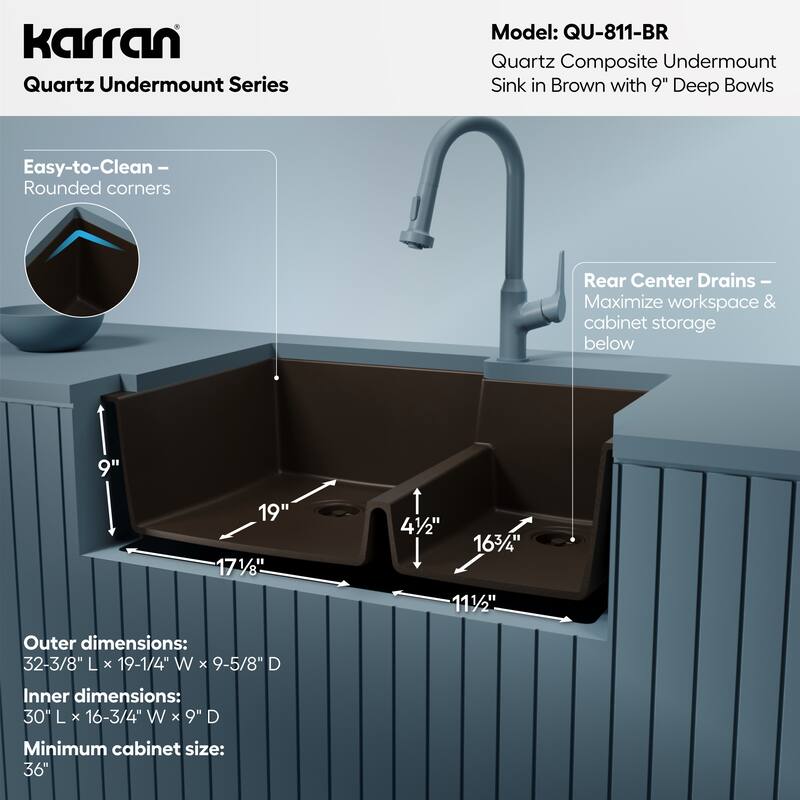 Karran Undermount Large/Small Bowl Quartz Kitchen Sink - 32" x 21.25" x 9" - 32" x 21.25" x 9"