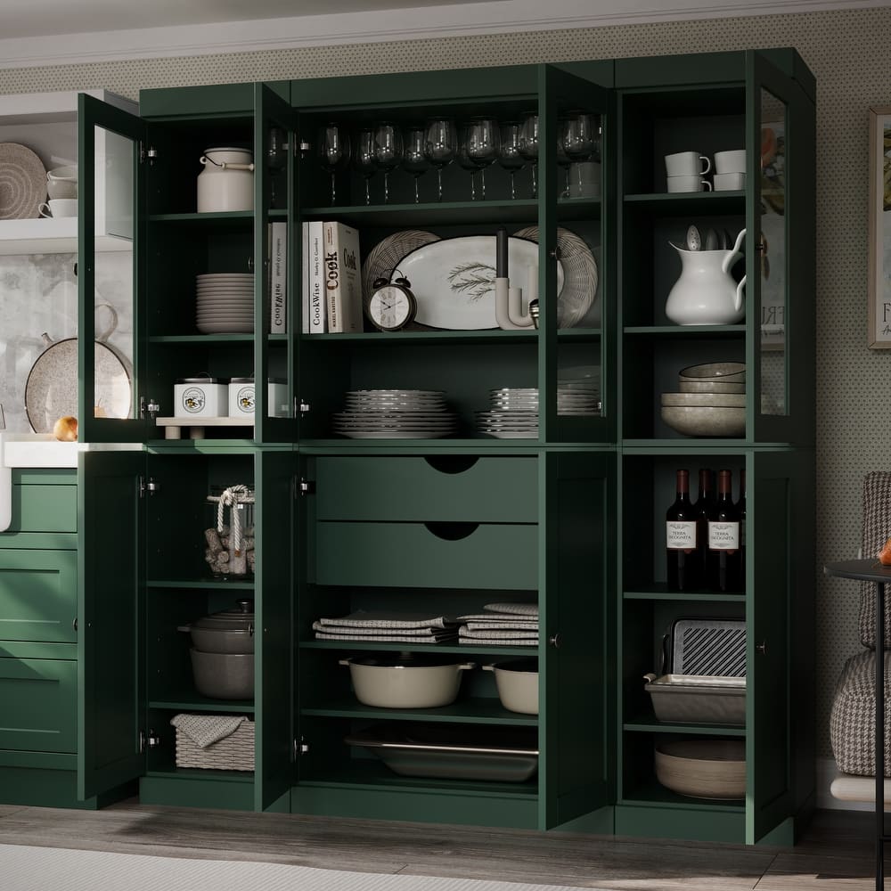 Palace Imports 100% Solid Wood Pantry China Cabinet, Clear Glass & Shaker Doors, 2 Drawers, Adjustable Shelves
