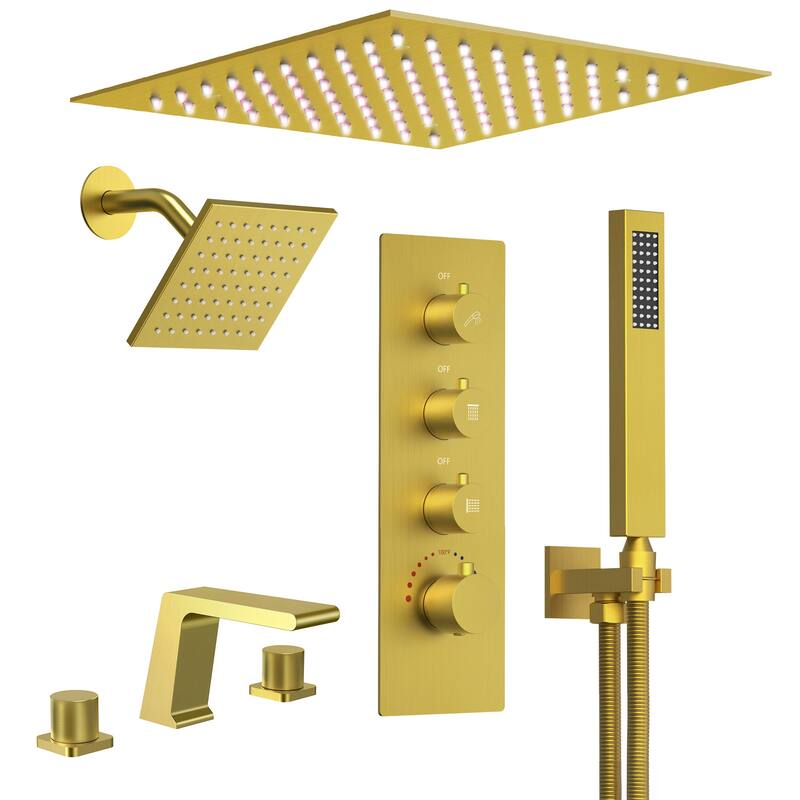 GRANDJOY LED 12" Rainfall Shower System Dual Shower Heads with 2-Handle Bathroom Sink Faucets Combo Set - Brushed Gold