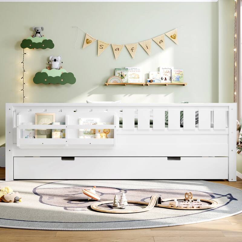 Montessori Toddler Bed with Fence, Low Profile Platform Bed for Kids with Trundle, Built-in Bookshelf and Small Staircase - White - Full