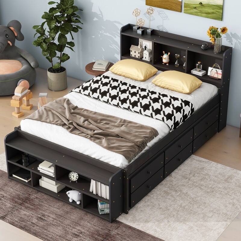 Full Bed with Bookcase Headboard Under bed Storage Drawers and Bed End Storage Case