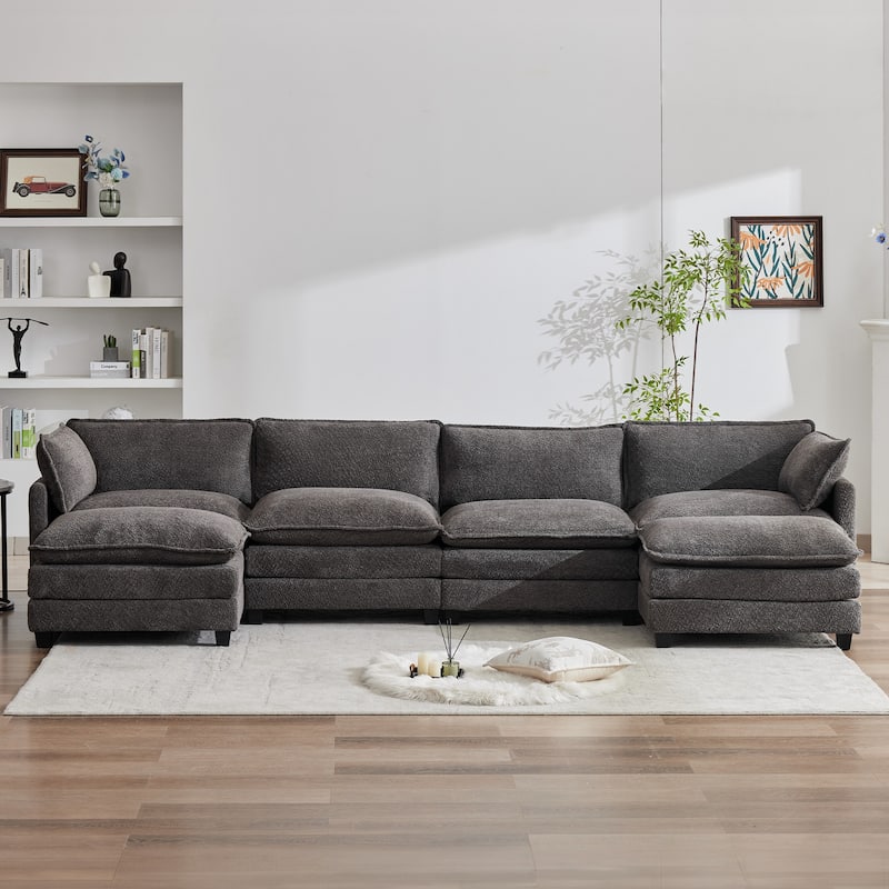 CLICKBIN Chenille Fabric Stragiht Arm L-Shaped Modular Sectional Sofa Couch with Ottoman for Living Room - Dark Grey-4 Seat