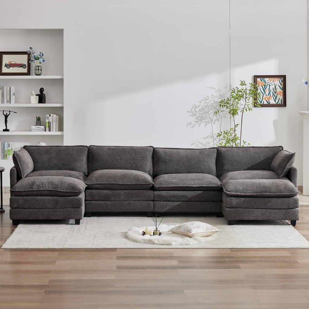 CLICKBIN Chenille Fabric Stragiht Arm L-Shaped Modular Sectional Sofa Couch with Ottoman for Living Room