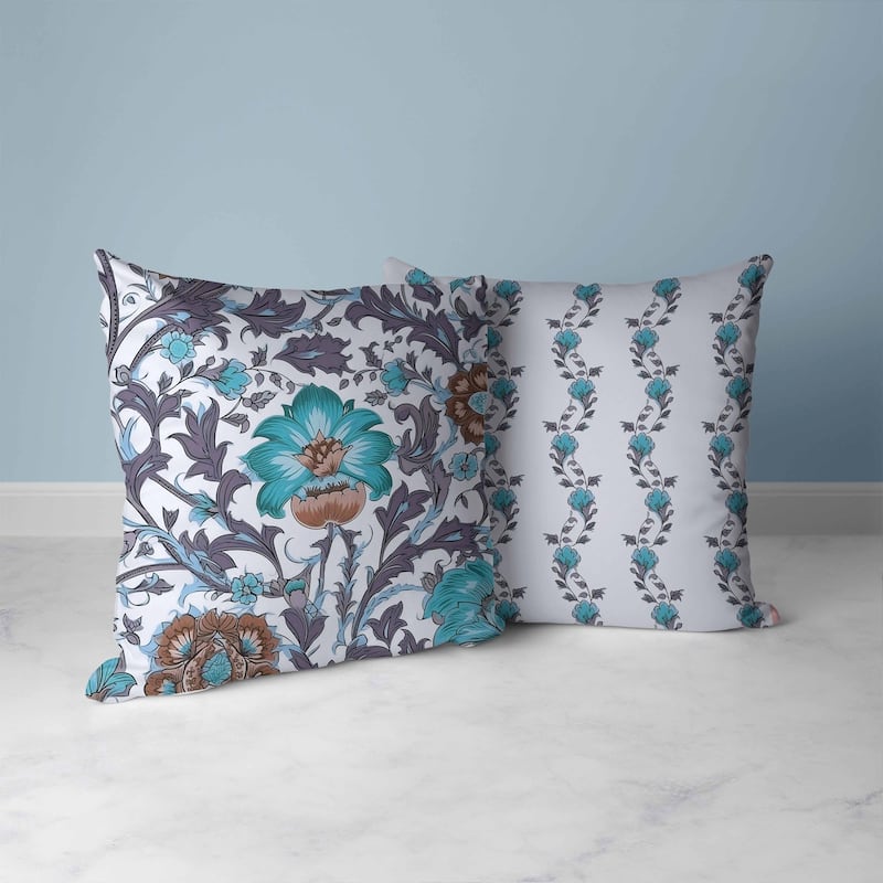 Mughal Era Garden Treasures Faux Suede Reversible Throw Pillow White and Aquamarine