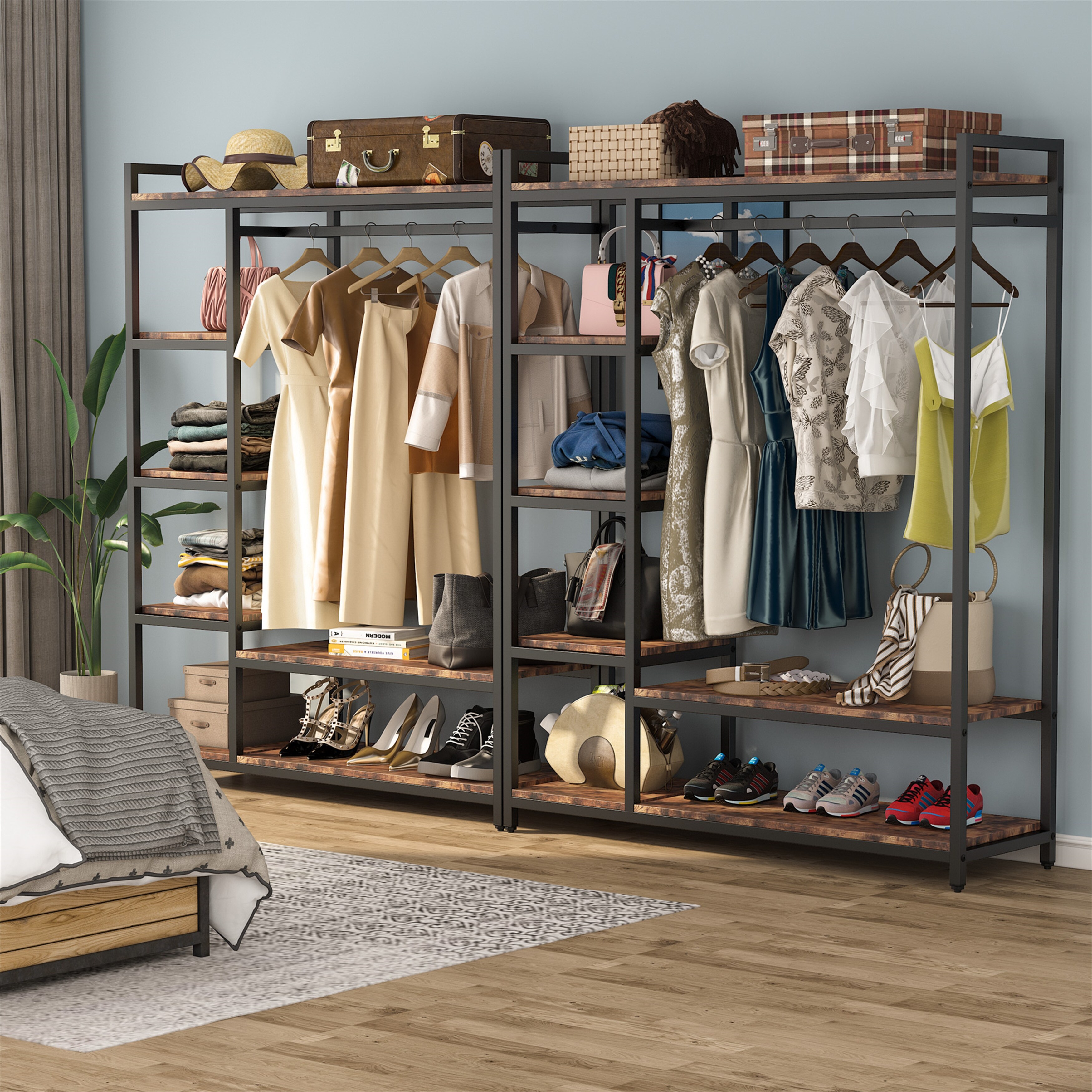 Black White Modern Clothes Garment Rack Metal and Wood Closet
