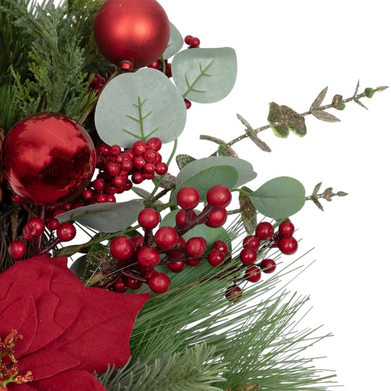 Artificial Red Berry and Poinsettia Christmas Wreath 28-Inch Unlit - 28"