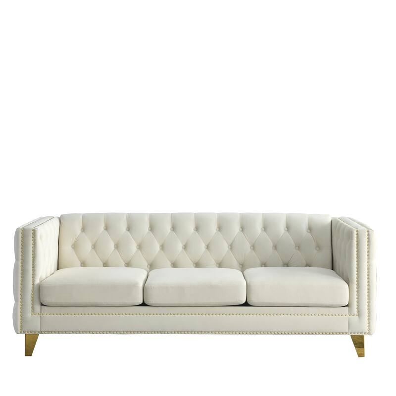 Velvet Chesterfield Sofa, Button Tufted Upholstered 3 Seater Couch, Deep Seat Couch with Nailhead Trim & 2 Throw Pillows
