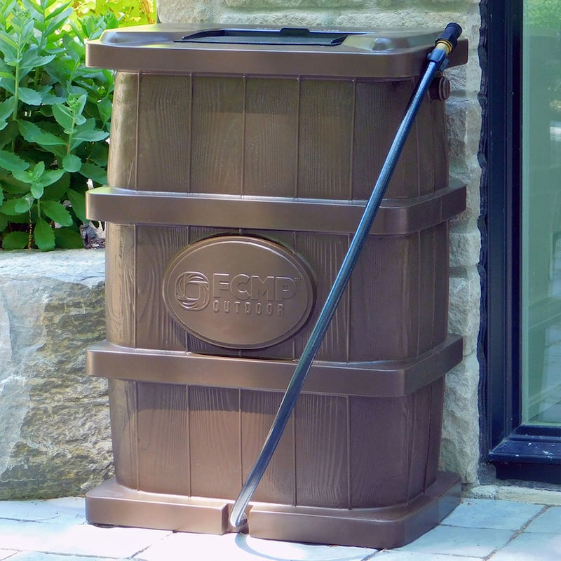 FCMP Outdoor WG4000 45 Gal Wood Grain Rain Water Catcher Barrel Container, Brown - 17 x 22 x 32 inches