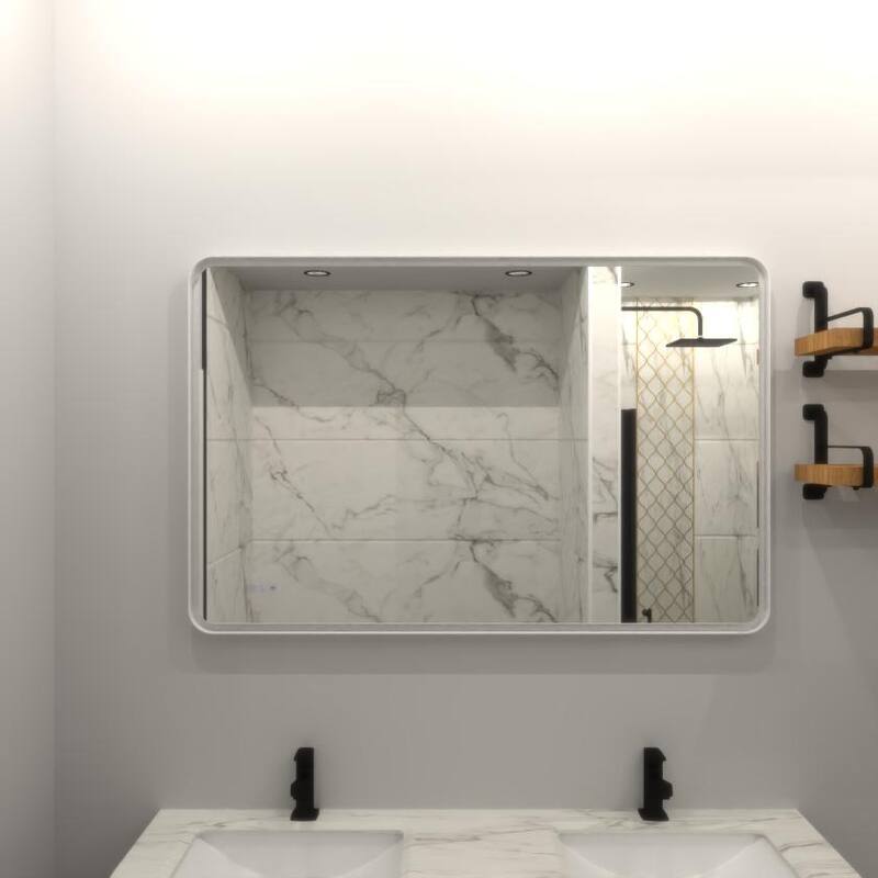 Anti-Fog LED Bathroom Vanity Mirror, Lighted Rectangular Mirror with Memory Function and White Iron Frame - White-40 X 32