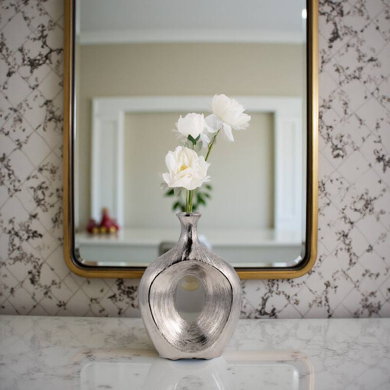 Modern Ceramic Textured Oval Cut-Out Vase - Home Decor - 13"