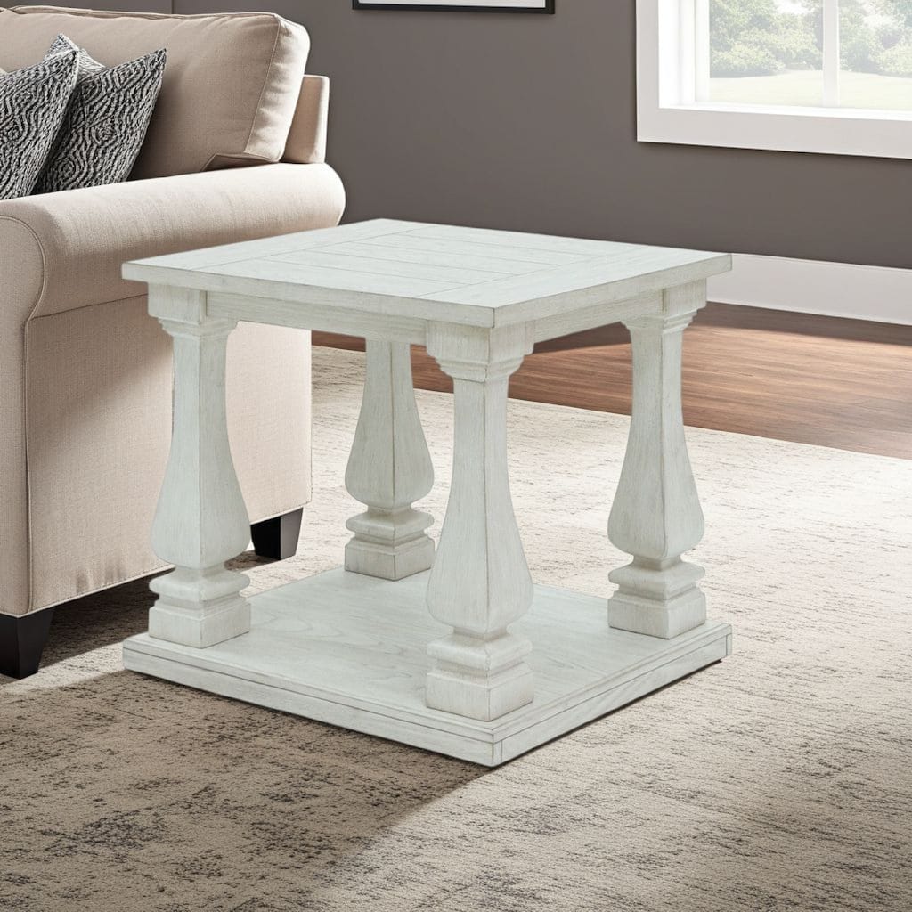 Dyne Side End Table, Plank Top, Baluster Legs, 27 Inch White Hardwood