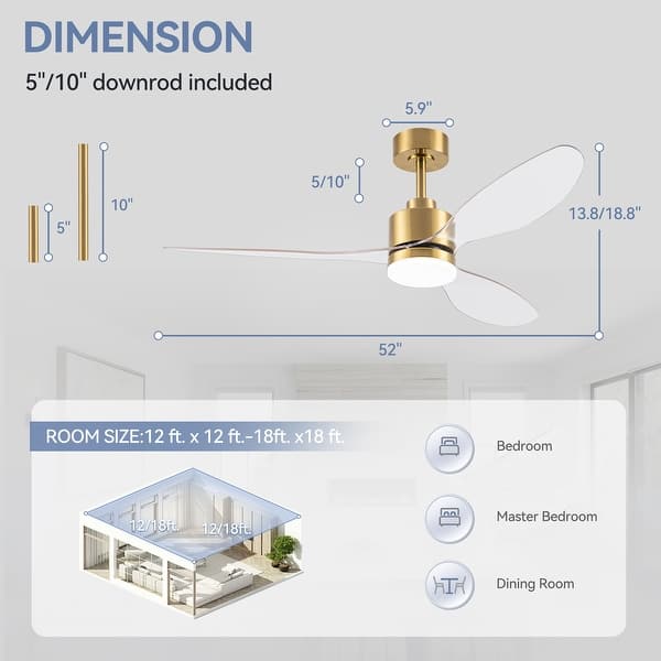dimension image slide 1 of 2, 52"/42" Black/Gold LED Ceiling Fan with Lights Remote(3-Blade)