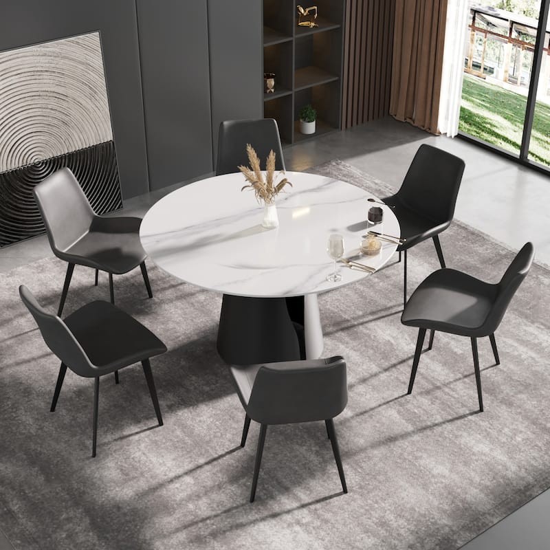 53" Dining Table Round Marble Kitchen Table, Sintered Stone Panel Table - Black&White
