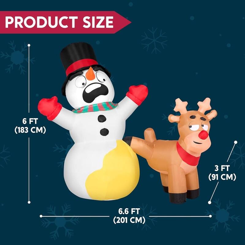 6.6 FT Long Christmas Inflatable Reindeer Peeing on Snowman, Blow Up Inflatables with Build-in LEDs - Multicolor